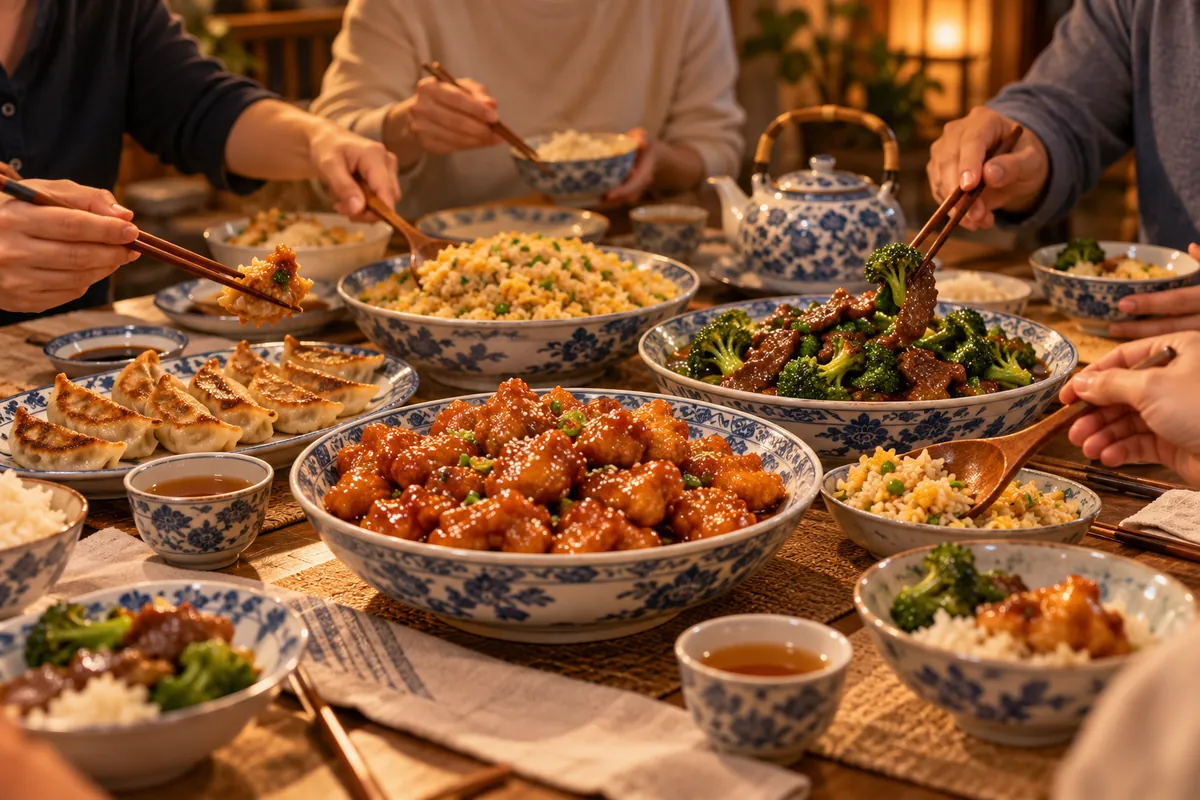 A family sharing orange chicken, beef and broccoli, fried rice and potstickers
