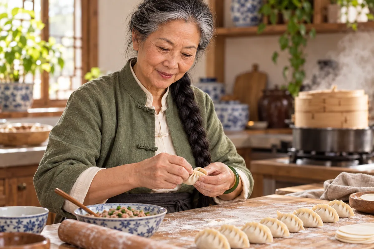 Mei pleating dumplings at her kitchen table