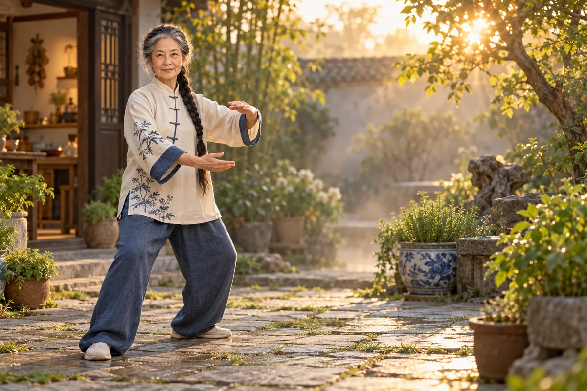 Mei doing Tai Chi in her courtyard at sunrise