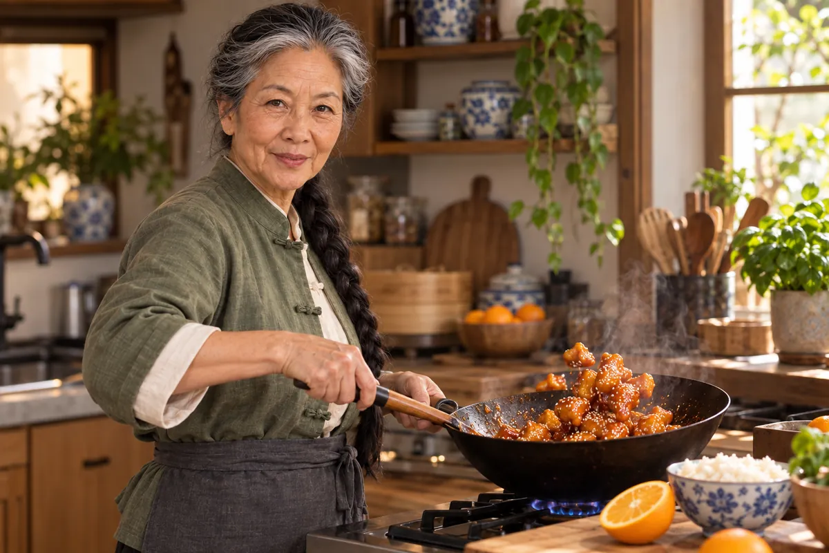 Mei cooking orange chicken in a wok