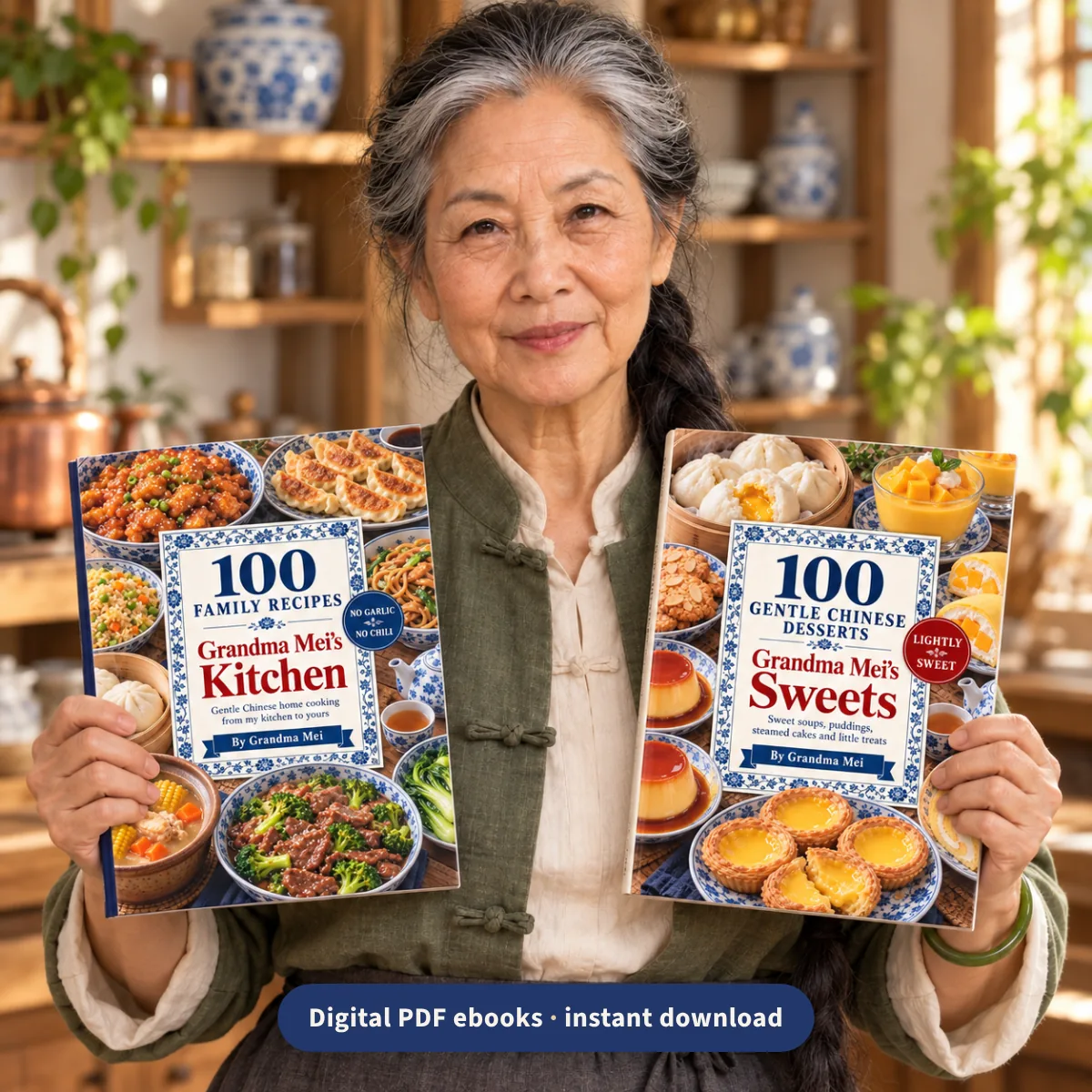 Mei holding Grandma Mei's Kitchen and Grandma Mei's Sweets
