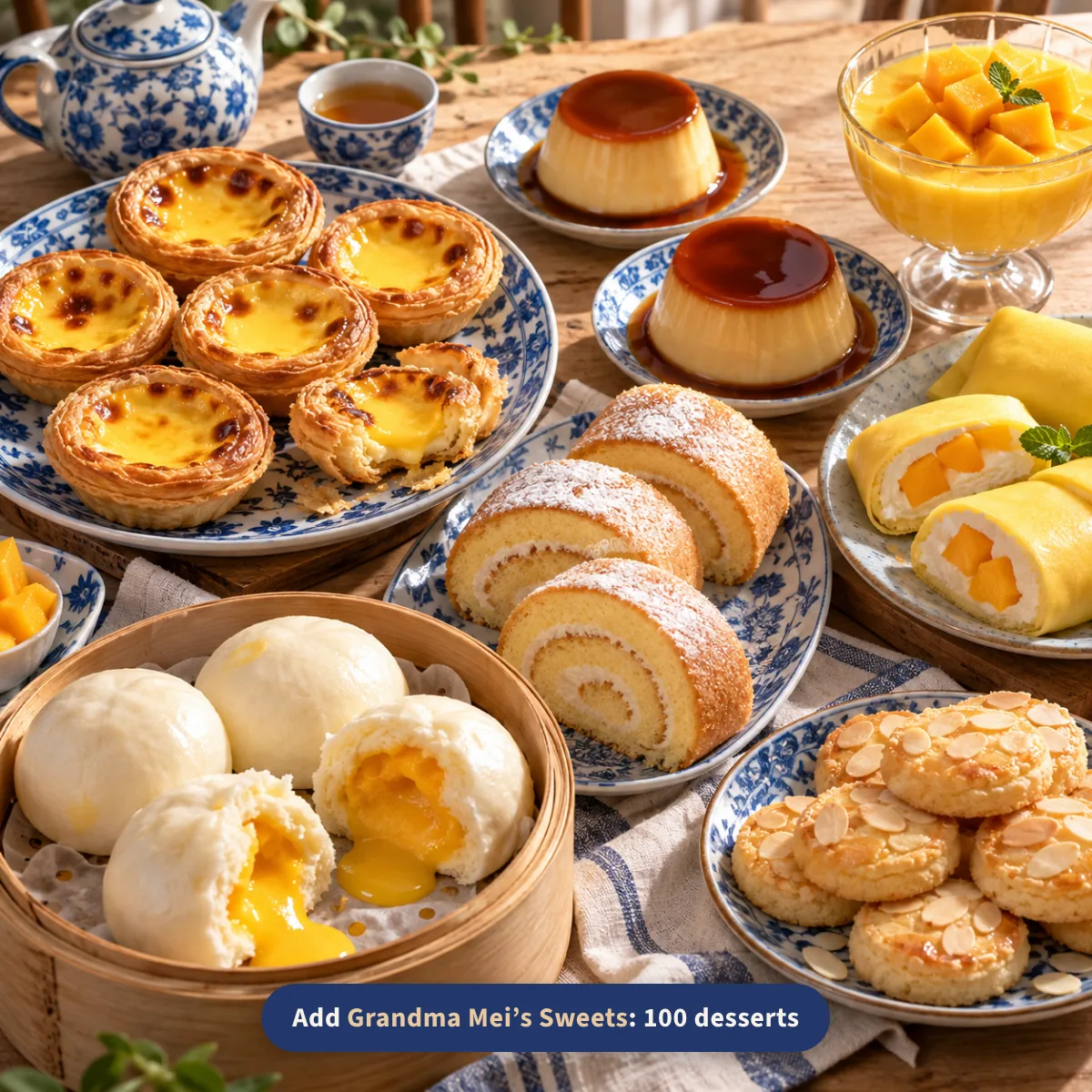 Desserts from Grandma Mei's Sweets: egg tarts, caramel pudding, Swiss roll, custard buns